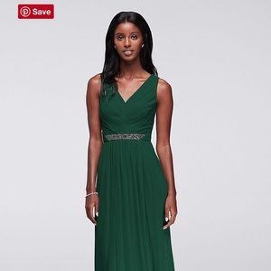 Long mesh dress with v neck and beaded waist and